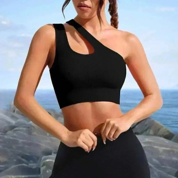 One Shoulder Cut Out Crop Sports Bra athleisure active Black - Picture 3 of 5